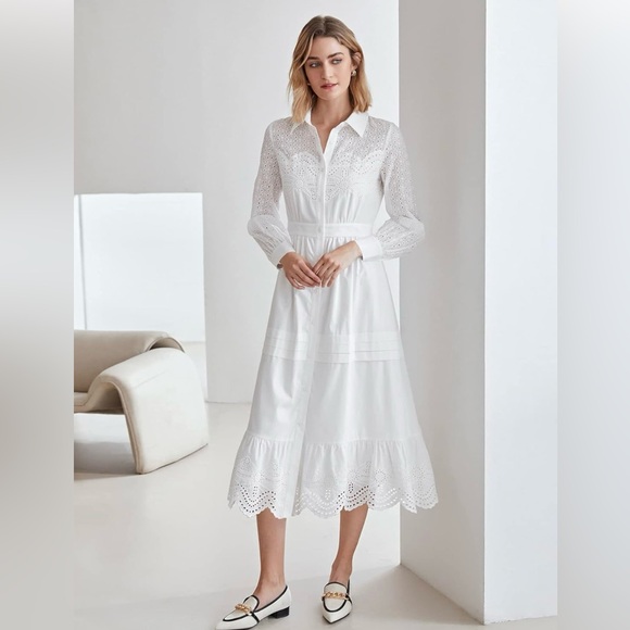 LÉA Dresses & Skirts - LÈA | Elegant White Boho Western Peasant Eyelet Lace Midi Dress